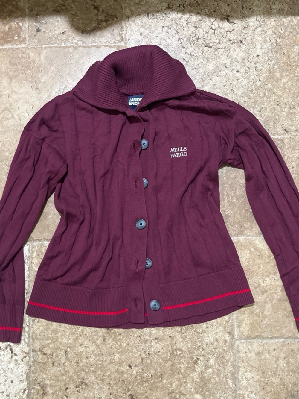Lands' End Women's Maroon Button-Up Cardigan with Red Trim